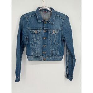 H&M Denim Jean‎ Jacket Womens Distressed Button Up Cropped Blue Sz 8